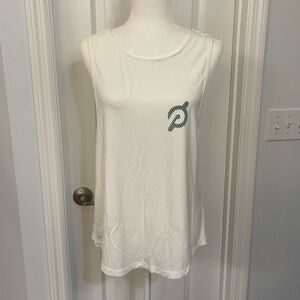 Peloton tank with cutout back design, white with green P logo.
